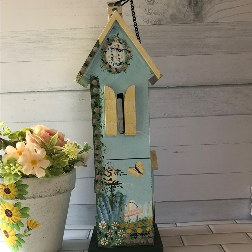Hand-Painted Blue Wooden Butterfly house with Yellow Shutters